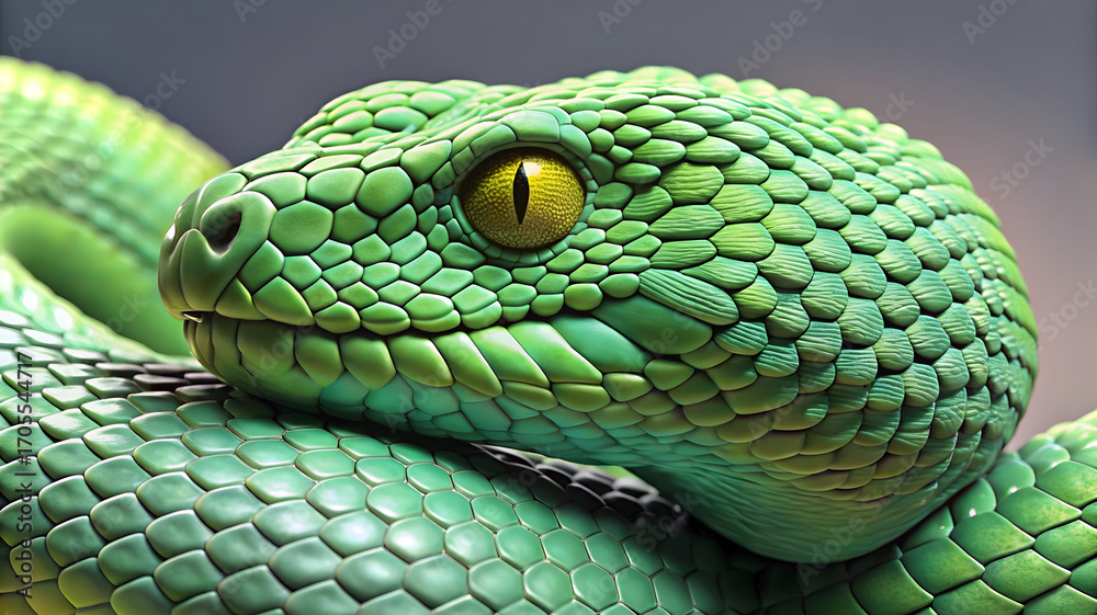 Obraz premium Emerald viper head detailed scales yellow eye green pit viper snake
