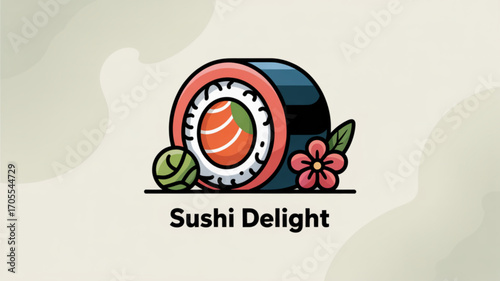 Sushi delight logo featuring a maki roll, a flower, and a ball of wasabi, perfect for a japanese restaurant or food blog