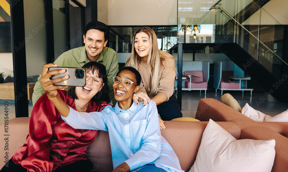 custom made wallpaper toronto digitalDiverse group of friends taking a selfie in a modern office environment