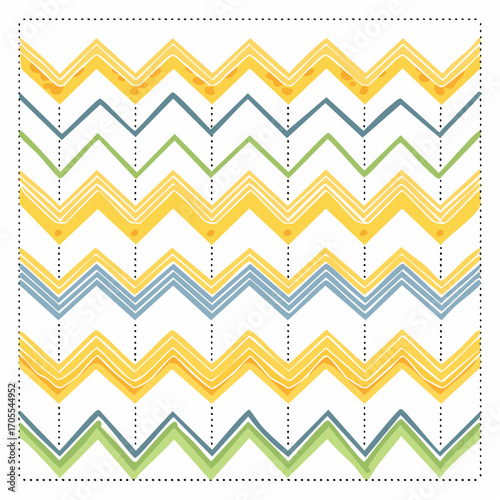 A repeating pattern of colorful zig-zag lines in yellow, blue, and green on a white background.
