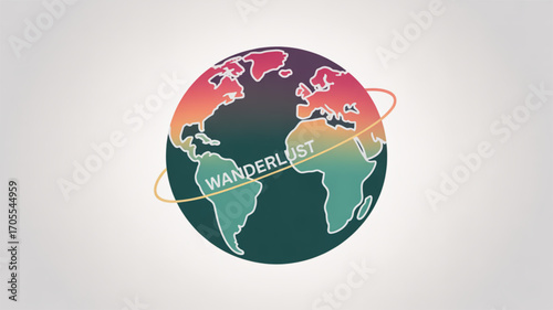 Wanderlust world globe logo with continents and text travel the world and explore new places with this logo design