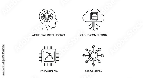 Vector illustration of icons illustrating artificial intelligence, cloud computing, data mining, and clustering