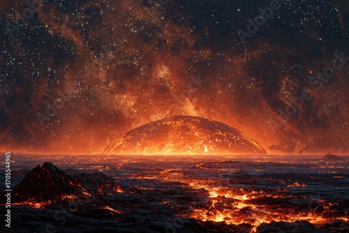 Fototapeta Naklejka Na Ścianę i Meble -  Epic cosmic landscape of a molten planet rising over a fiery lava sea under a starry nebula.
