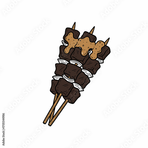 A cartoon illustration of flavorful skewers of meat with a sauce.
