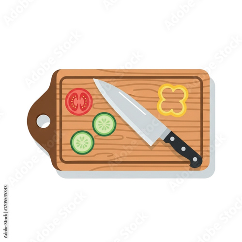Kitchen knife on wooden cutting board with vegetables.