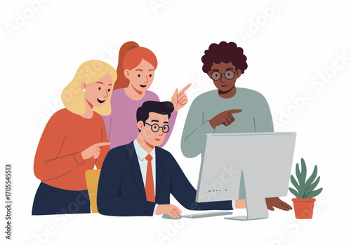 Four colleagues, a diverse group, are gathered around a computer screen, pointing and collaborating on a project in a modern office setting.