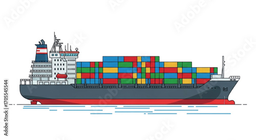 Large cargo ship carrying many colorful containers on the ocean.