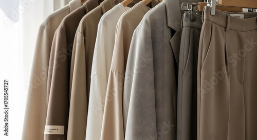 Neutral colored clothing hanging on a rack in a store