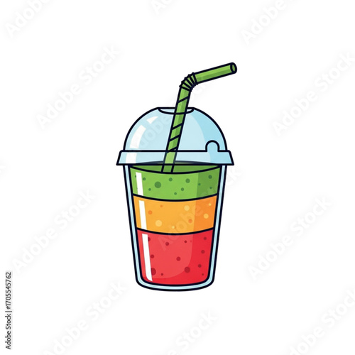 Layered Fruit Smoothie in a Clear Plastic Cup with Straw.