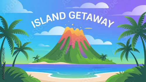 Island getaway with a volcano, palm trees, and ocean view, perfect for a tropical vacation or summer escape to a paradise destination