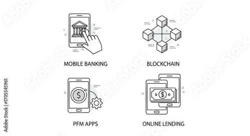 Vector illustration of collection of four icons representing mobile banking, blockchain, pfm apps, and online lending