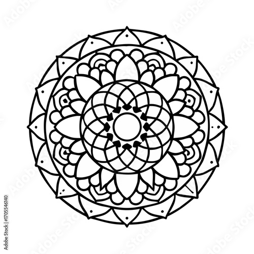 Intricate black and white mandala design featuring floral patterns for coloring and relaxation 
