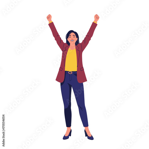 Excited Businesswoman Celebrating Success with Arms Raised, Vector Illustration