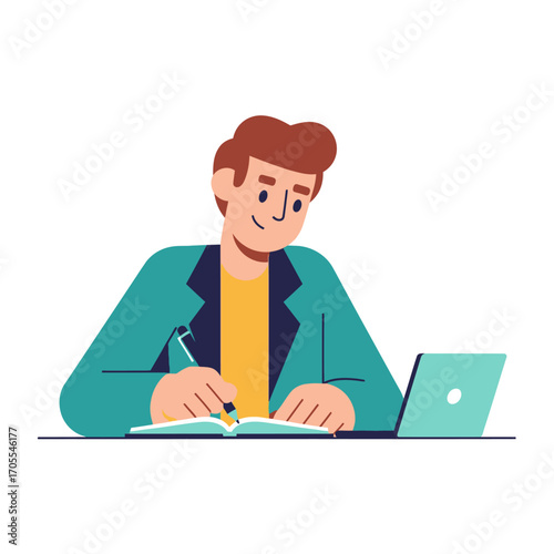 Cartoon Man Working From Home with Laptop and Notebook, Vector Illustration