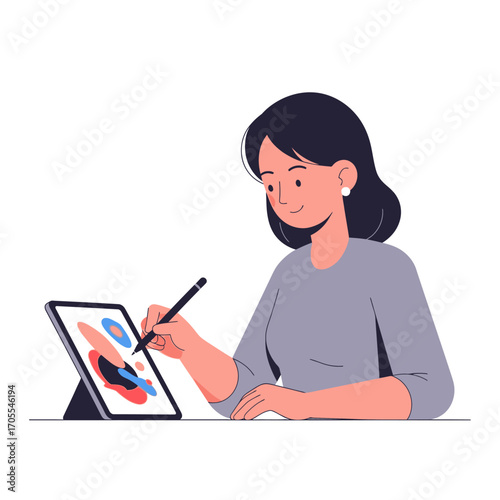 Woman Creating Digital Art on Tablet with Stylus, Isolated Illustration