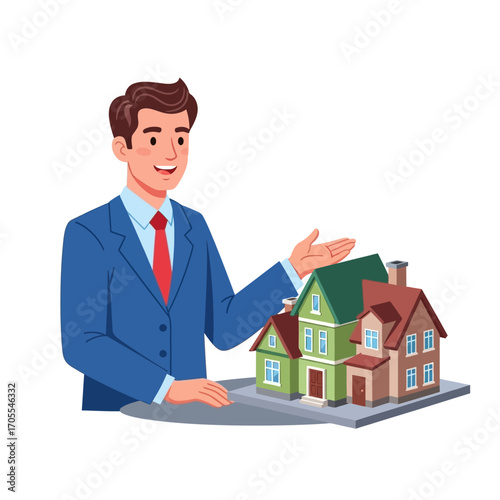 Real Estate Agent Presenting Model Homes, New Property Sales Concept
