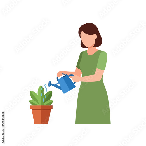 Woman Watering Plant in Pot, Vector Illustration