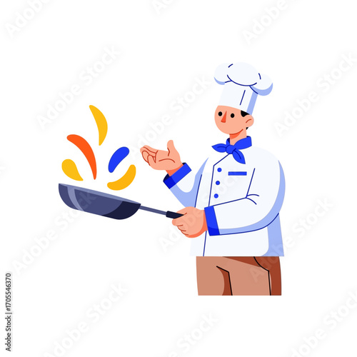 Chef tossing food in a frying pan, food preparation vector illustration on white background