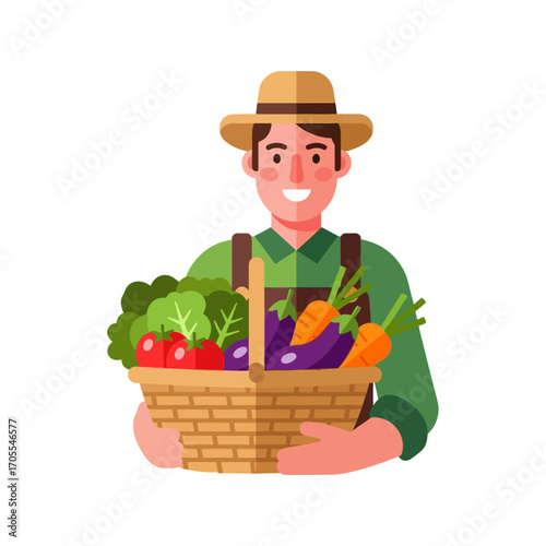 Happy Farmer Holding Basket Full of Fresh Vegetables Cartoon Illustration