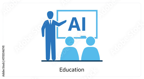 Vector illustration of teacher pointing to ai on a whiteboard with students in a classroom, representing education and artificial intelligence