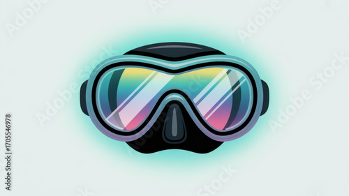 A colorful diving mask with a rainbow reflection in the lenses, perfect for summer adventures and underwater exploration
