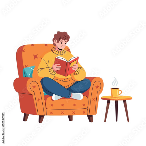 Man Relaxing at Home, Reading a Book in Armchair with Coffee
