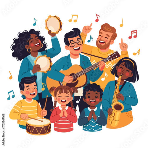Diverse Group of People Playing Musical Instruments, Cartoon Illustration