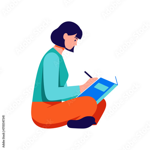 Illustration of a Woman Writing in a Notebook While Sitting Cross-Legged on the Floor