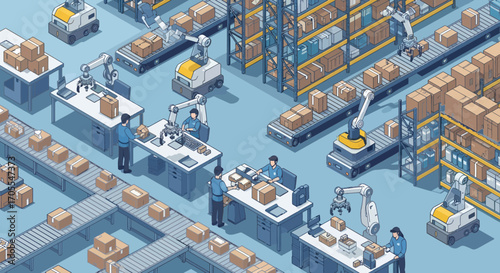 Automated Distribution Center With Robotics And Human Interaction Illustration