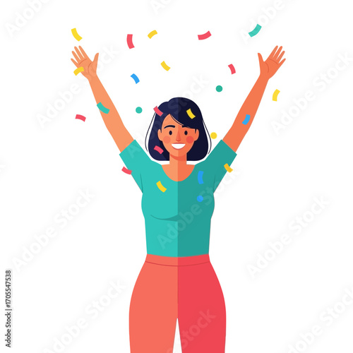 Excited Woman Celebrating with Confetti, Vector Illustration