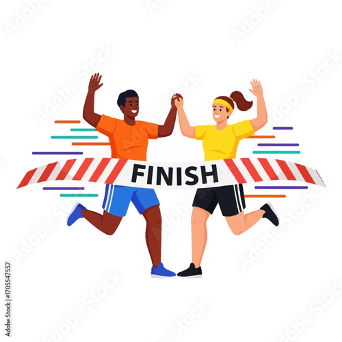 Diverse Runners Crossing Finish Line, Celebrating Victory