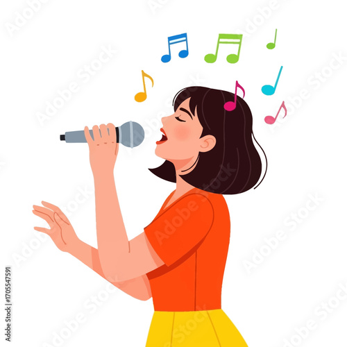 Cartoon Woman Singing into Microphone with Music Notes Illustration