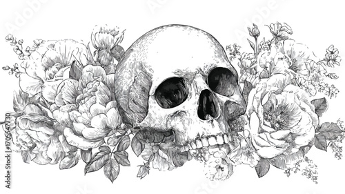 Skull in Flowers Style Vector Illustration
