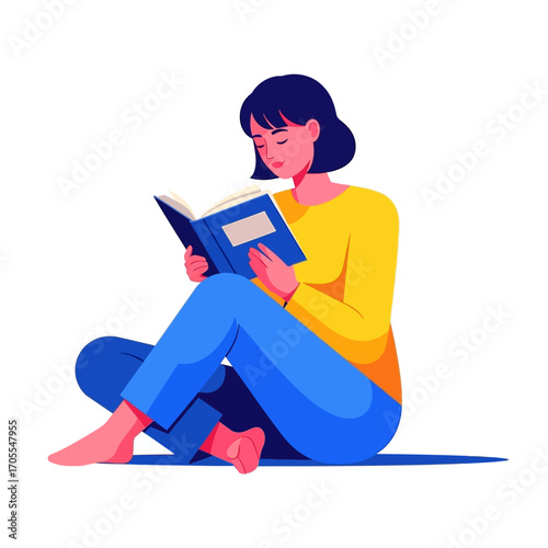 Woman Reading Book Sitting Cross-Legged, Illustration Style