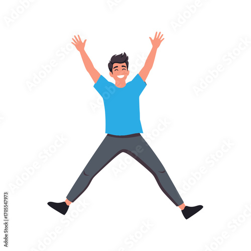 Excited Man Jumping with Joy, Cartoon Illustration on White Background