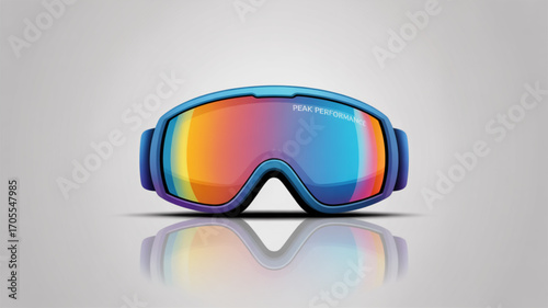 Closeup of blue ski goggles with rainbow lenses reflecting on a glossy surface, perfect for winter sports and eye protection