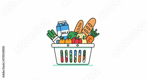 Full Shopping Basket With Various Foods And Drink Illustration