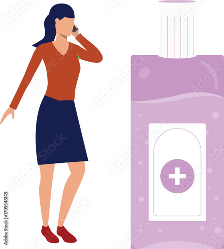 Girl telling about antibacterial spray on call