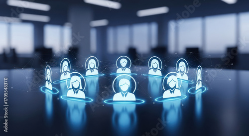 A digital representation of a diverse team of professionals connected in a virtual network, symbolizing collaboration and human resources within a modern office environment.