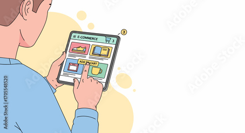 Man Shopping Online Using Tablet In Modern E-Commerce Illustration