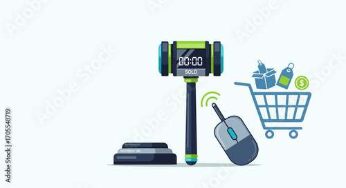 Online Auction Concept With Gavel Mouse And Shopping Cart