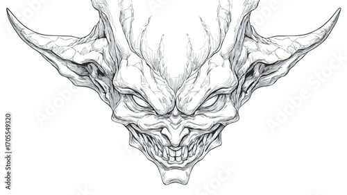 Detailed Devil Head Vector with Outline Isolated on White Background