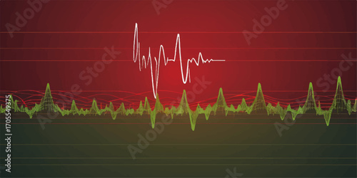 A medical electrocardiogram displays a green heartbeat pulse on a monitor, charting a healthy life rate
