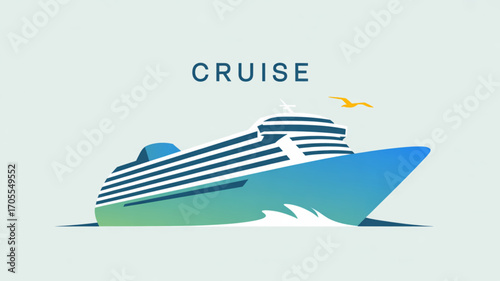 Cruise ship sailing on the ocean with a seagull flying above, a vector illustration of a cruise liner on a light background with the word cruise