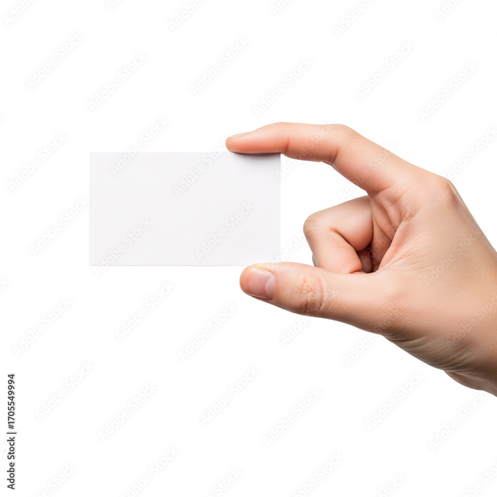 Obraz premium Hand holding a blank white business card isolated on transparent background