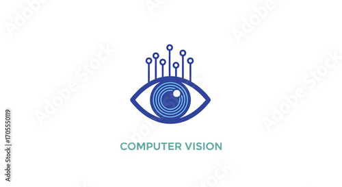 Vector illustration of blue stylized eye icon with digital circuit elements, representing computer vision