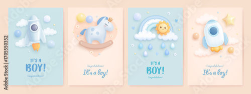 Set of baby shower greeting card or invitation with cartoon 3d rocket, rocking horse, rainbow and sun on blue and beige background. It's a boy. Vector illustration
