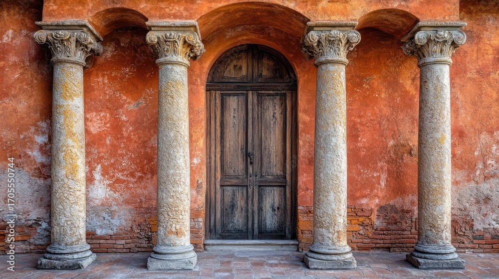 Naklejka premium Ancient stone columns flanking weathered doorway