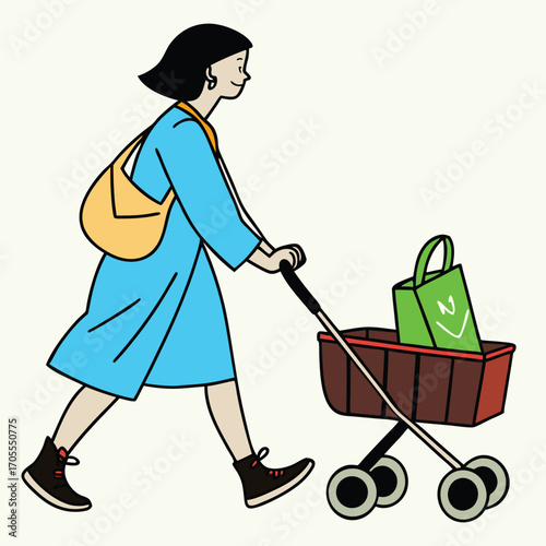 Woman Pushing Shopping Cart with Reusable Bag