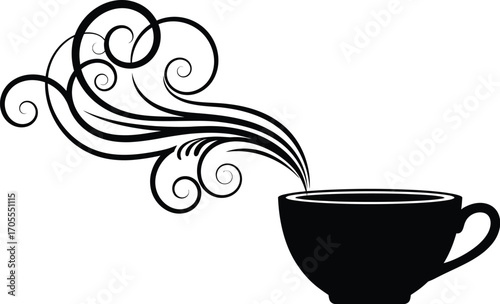 Elegant black cup with swirling steam art, symbolizing warmth and aroma.